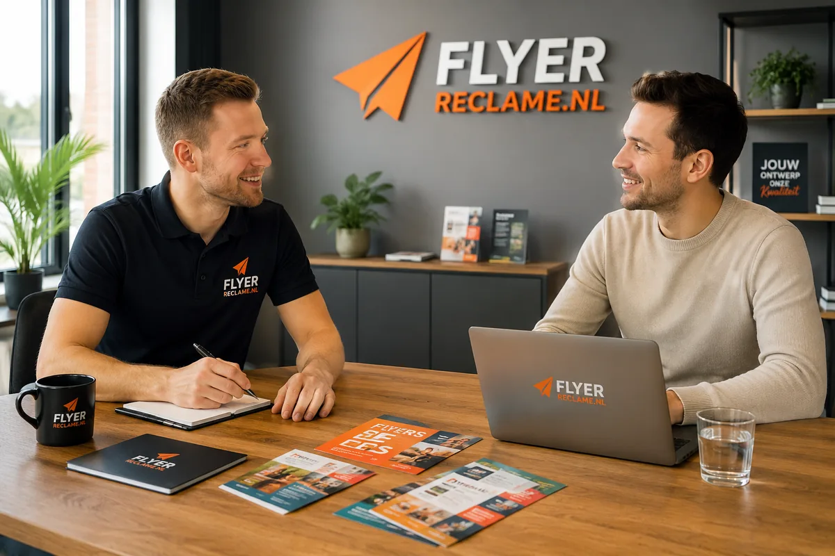 Sfeerbeeld van een gesprek over flyerontwerp, met flyers en een laptop op tafel.